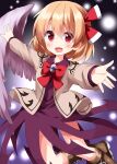  1girl blonde_hair boots cosplay feathered_wings highres kishin_sagume kishin_sagume_(cosplay) one-hour_drawing_challenge outstretched_arms purple_skirt red_eyes rumia ruu_(tksymkw) short_hair single_wing skirt solo spread_arms touhou white_wings wings 