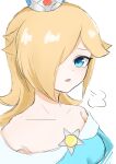  1girl bare_shoulders blonde_hair blue_eyes closed_mouth crown earrings hair_over_one_eye highres jewelry looking_at_viewer rosalina short_hair simple_background solo star_(symbol) star_earrings super_mario_bros. super_mario_galaxy upper_body user_rjws2788 white_background 