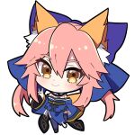  1girl animal_ears blue_bow blush bow brown_eyes chibi closed_mouth detached_sleeves fate/grand_order fate_(series) fox_ears fox_girl fox_tail full_body hair_bow highres long_hair looking_at_viewer pink_hair smile solo tail tamamo_(fate) tamamo_no_mae_(fate/extra) transparent_background yoriteruru 