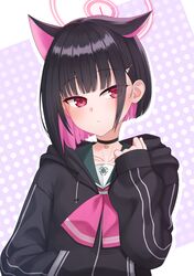  1girl animal_ears bangs black_hair black_hoodie black_jacket blue_archive cat_ears choker colored_inner_hair hair_ornament hairclip halo highres hood hoodie jacket kazusa_(blue_archive) kurisu-kun looking_at_viewer multicolored_hair neckerchief pink_eyes pink_neckerchief sailor_collar two-tone_hair 