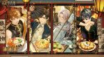  4boys :d artem_wing_(tears_of_themis) bangs blue_eyes brown_eyes brown_hair chinese_clothes chopsticks closed_mouth dumpling food glasses hand_fan highres holding holding_fan holding_tray long_hair looking_at_viewer looking_back luke_pearce_(tears_of_themis) marius_von_hagen_(tears_of_themis) multiple_boys noodles official_art open_clothes pince-nez plate ponytail purple_hair short_hair smile soup tears_of_themis tray violet_eyes vyn_richter_(tears_of_themis) white_hair yellow_eyes 