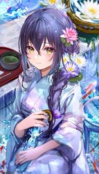  1girl bangs braid braided_ponytail floral_print flower hair_between_eyes hair_flower hair_ornament highres holding holding_umbrella koi lavender_kimono lily_pad obi original pool puracotte purple_hair sash signature sitting smile solo umbrella water wet wet_hair yellow_eyes 