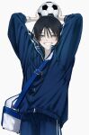  1boy absurdres arms_up bag ball black_hair blue_eyes character_request copyright_request grin highres holding holding_ball male_focus nnshigk_03 short_hair smile soccer_ball solo uniform 