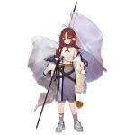  1girl arknights artist_name bangs bare_shoulders blush commentary_request dated dress flag full_body green_eyes long_hair long_sleeves looking_at_viewer myrtle_(arknights) navel non-web_source open_mouth pointy_ears redhead shirt smile solo source_request very_long_hair white_shirt 
