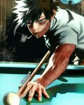  1boy artist_name ball billiard_ball billiards black_hair blue_eyes boku_no_hero_academia cigarette cue_stick dabi_(boku_no_hero_academia) highres holding_cue_stick male_focus messy_hair pool_table sharl0ck smoking solo table 