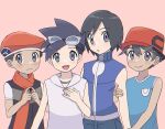  4boys :d adapted_costume bangs bare_arms black_hair blue_jacket blue_shirt blush calem_(pokemon) closed_mouth commentary_request elio_(pokemon) ethan_(pokemon) goggles goggles_on_head grey_eyes hair_between_eyes hand_up hat highres index_fingers_together jacket lucas_(pokemon) male_focus multiple_boys open_mouth parted_lips pokemon pokemon_(game) pokemon_dppt pokemon_masters_ex pokemon_usum pokemon_xy red_headwear sana_(37pisana) shirt short_hair sleeveless sleeveless_jacket sleeveless_shirt smile tan tongue turtleneck turtleneck_jacket 