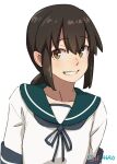  1girl 4690_(tkpbsk) bangs blue_neckerchief blue_sailor_collar brown_eyes brown_hair fubuki_(kancolle) grin hair_between_eyes kantai_collection looking_at_viewer low_ponytail neckerchief one-hour_drawing_challenge ponytail sailor_collar school_uniform serafuku sidelocks simple_background smile solo twitter_username upper_body white_background 