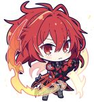  1girl armor character_request chibi closed_mouth copyright_request expressionless fire full_body hair_intakes highres holding holding_sword holding_weapon looking_at_viewer red_eyes redhead short_hair solo sword transparent_background weapon yoriteruru 