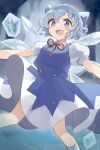  1girl :d absurdres arms_at_sides bangs bare_legs blue_bow blue_eyes blue_hair blue_skirt blue_vest blurry blurry_background bow buttons cirno collared_shirt detached_wings fang floating hair_bow highres ice ice_wings light_blue_hair light_particles looking_at_viewer neck_ribbon open_mouth puffy_short_sleeves puffy_sleeves red_ribbon ribbon rin_(yukameiko) shirt short_hair short_sleeves skirt smile solo touhou two-tone_skirt vest white_shirt white_skirt wings 