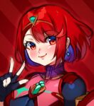  1girl bangs black_gloves breasts chest_jewel earrings fingerless_gloves gem gloves headpiece jewelry large_breasts pyra_(xenoblade) red_eyes redhead short_hair solo swept_bangs tiara xenoblade_chronicles_(series) xenoblade_chronicles_2 yagi_(kyuhyun) 
