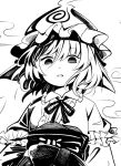  1341398tkrtr 1girl bangs hat high_contrast highres long_sleeves looking_at_viewer mob_cap monochrome open_mouth saigyouji_yuyuko sash short_hair simple_background solo touhou triangular_headpiece upper_body 