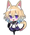  1girl animal_ears blonde_hair blue_hair blush character_request chibi copyright_request detached_sleeves fox_ears fox_girl fox_tail full_body gradient_hair highres long_sleeves looking_at_viewer multicolored_hair open_mouth purple_skirt short_hair skirt smile solo tail transparent_background violet_eyes yoriteruru 