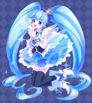  1girl absurdres argyle argyle_background black_thighhighs blue_background blue_eyes blue_hair blue_skirt blue_theme boots brooch crown cure_princess frills full_body hair_bun happinesscharge_precure! heart_hair_bun high_heels highres jewelry kisumi_rei long_hair looking_at_viewer magical_girl mini_crown open_mouth precure shirayuki_hime short_sleeves skirt smile solo sparkle thigh-highs twintails very_long_hair vest white_footwear wing_brooch wing_earrings wings 