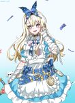  1girl absurdres alice_(grimlight) anastry_00 apron arm_up artist_name bandaged_arm bandages bandaid bandaid_on_hand bangs belt blonde_hair blue_background blue_belt blue_bow blue_bowtie blue_choker blue_dress blue_eyes blue_hairband blush bow bowtie breasts butterfly_hair_ornament butterfly_wings buttons card choker clock collared_dress dress fang fangs frills gradient gradient_background grey_bow grey_bowtie grimlight hair_between_eyes hair_ornament hairband hand_up heart heart_in_eye highres holding holding_weapon long_hair looking_at_viewer medium_breasts multicolored_bow multicolored_bowtie multicolored_eyes open_mouth pinafore_dress pink_bow pink_bowtie playing_card pointing puffy_short_sleeves puffy_sleeves short_sleeves smile solo standing striped striped_bow striped_bowtie sword symbol_in_eye teeth tongue violet_eyes weapon white_apron white_background white_bow wings 