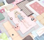  1girl alarm_clock bed_sheet blonde_hair camisole clock commentary dakimakura_(object) futon long_hair mattress original pajamas pillow short_shorts shorts sleep_mask solo stuffed_toy yajirushi_(chanoma) 