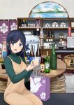  1girl alcohol bag black_hair blue_eyes bottle brown_dress commentary_request dress earrings green_sweater hair_down hitakikan jewelry kantai_collection long_hair looking_at_viewer official_alternate_costume official_alternate_hairstyle sake sake_bottle shopping_bag sitting smile solo souryuu_(kancolle) sweater 