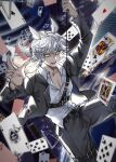  1boy alternate_costume bai_xiao bishounen blurry card depth_of_field dropping grey_hair highres looking_at_viewer male_focus pointy_hair ponytail sky:_children_of_the_light solo white_hair xiaoniaodenanpiao yellow_eyes 