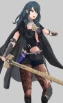  1girl absurdres bangs black_cape black_shorts blue_eyes blue_hair breasts brown_pantyhose byleth_(fire_emblem) byleth_eisner_(female) cape detached_collar fire_emblem fire_emblem:_three_houses grey_background hair_between_eyes highres holding holding_sword holding_weapon long_hair medium_breasts midriff navel open_mouth outstretched_arm outstretched_hand pantyhose sail_(sail-away) shiny shiny_hair short_shorts shorts simple_background solo standing stomach straight_hair sword weapon 