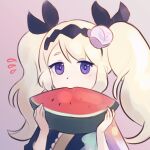  1girl bangs blonde_hair covered_mouth dotpyenji dragalia_lost eating food fruit hair_ornament highres japanese_clothes kimono lathna long_hair looking_at_viewer official_alternate_costume purple_background solo twintails upper_body violet_eyes watermelon 