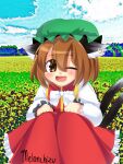  :d abstract_background absurdres animal_ears artist_name bow brown_hair cat_ears cat_girl cat_tail chen dress earrings fang happy hat highres jewelry mob_cap one_eye_closed red_dress short_hair sitting smile soldierburger tail touhou white_bow 