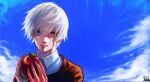  1boy absurdres apple blue_eyes blue_sky chromatic_aberration closed_mouth clouds film_grain food fruit grey_pupils hair_between_eyes heterochromia highres holding holding_food holding_fruit kaneki_ken looking_at_viewer male_focus outdoors red_eyes signature sky smile solo tokishima_sikuka tokyo_ghoul tokyo_ghoul:re upper_body white_hair 