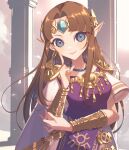  1girl bangs bead_necklace beads bracelet breasts brown_hair cape dress gem hand_up jewelry large_breasts long_hair looking_at_viewer miri_(cherryjelly) necklace parted_bangs princess_zelda shiny shiny_hair short_sleeves smile solo standing the_legend_of_zelda upper_body 