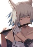  1girl absurdres animal_ear_fluff animal_ears camisole cat_ears closed_eyes collarbone crying fingerless_gloves flute gloves highres holding holding_instrument instrument labebebe_lee mio_(xenoblade) music playing_instrument shaded_face short_hair simple_background solo tears white_background white_gloves white_hair xenoblade_chronicles_(series) xenoblade_chronicles_3 