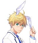  1boy ahoge animal_ears arthur_pendragon_(fate) arthur_pendragon_(white_rose)_(fate) bangs blonde_hair blue_necktie colored_eyelashes fake_animal_ears fate/grand_order fate/prototype fate/prototype:_fragments_of_blue_and_silver fate_(series) formal green_eyes jacket light_blush long_sleeves looking_at_viewer male_focus necktie official_alternate_costume rabbit_ears shirt short_hair simple_background smile solo striped striped_shirt suit sujiko_(125motimoti) upper_body vertical-striped_shirt vertical_stripes white_background white_jacket white_suit 
