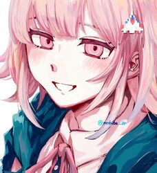  1girl bangs collared_shirt commentary_request danganronpa_(series) danganronpa_2:_goodbye_despair flipped_hair galaga grin hair_ornament jacket looking_at_viewer medium_hair nanami_chiaki neck_ribbon pink_eyes portrait ribbon shirt smile solo teeth tetose white_shirt 