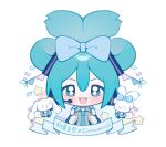  1girl :d aki_(381026) aqua_hair aqua_necktie black_sleeves blue_bow blue_eyes bow character_name chibi chinese_commentary cinnamiku cinnamoroll collared_shirt commentary_request cosplay detached_sleeves grey_shirt hair_between_eyes hair_bow hands_up hatsune_miku hatsune_miku_(cosplay) highres necktie no_nose open_mouth shirt simple_background smile star_(symbol) v-shaped_eyebrows vocaloid white_background 