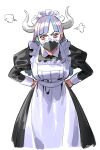  1girl alternate_costume apron black_dress blue_hair breasts commentary covered_mouth cowboy_shot curled_horns dress enmaided hands_on_hips horns juliet_sleeves leaning_forward long_hair long_sleeves looking_at_viewer maid maid_apron maid_headdress mask medium_breasts mouth_mask multicolored_hair one_piece pink_eyes pout puffy_sleeves raine_(acke2445) redhead simple_background solo straight_hair streaked_hair two-tone_hair ulti_(one_piece) v-shaped_eyebrows white_background 