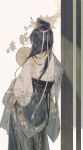  1girl black_hair blue_skirt branch chinese_clothes flower from_behind hair_bun hair_ornament hair_tie hand_fan hanfu holding holding_fan light long_hair original shiny shiny_hair silhouette skirt solo third-party_source upper_body washanapple white_background 