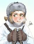  1girl brown_gloves brown_hair espedraws finnish_army fur_hat gloves green_eyes grey_headwear grey_scarf hat jacket long_sleeves low_ponytail original ponytail scarf short_ponytail ski_pole skiing snot solo tongue tongue_out upper_body white_jacket winter world_war_ii 
