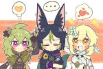  ... 1boy 2girls :d =_= ahoge animal_ear_fluff animal_ears bangs black_hair blonde_hair blush capelet chibi closed_eyes collei_(genshin_impact) crossed_arms crossed_bangs drawstring fingerless_gloves flower flying_sweatdrops fox_boy fumari_(2mm_3232) genshin_impact gloves green_hair hair_between_eyes hair_flower hair_ornament heart hood hood_down hoodie long_sleeves lumine_(genshin_impact) multicolored_hair multiple_girls orange_eyes petting short_hair smile speech_bubble spoken_ellipsis spoken_heart streaked_hair tail thought_bubble tighnari_(genshin_impact) violet_eyes white_flower yellow_flower 