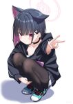  1girl absurdres animal_ears bangs black_choker black_hair black_jacket blue_archive blush bob_cut brown_pantyhose cat_ears choker closed_mouth colored_inner_hair extra_ears foreshortening hair_ornament hairclip halo highres hizikit hood hood_down hooded_jacket hugging_own_legs jacket kazusa_(blue_archive) knees_to_chest miniskirt multicolored_hair pantyhose pink_hair pleated_skirt red_eyes shoes short_hair sidelocks simple_background skirt sneakers solo squatting two-tone_hair v white_background white_skirt 