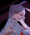  1boy bishounen blurry depth_of_field fr001104 grey_hair hand_on_own_cheek hand_on_own_face highres looking_at_viewer male_focus mimizuku_(sky:_children_of_the_light) mole mole_under_eye open_mouth outstretched_hand pointy_ears pointy_hair ponytail sky:_children_of_the_light solo white_hair yellow_eyes 