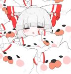  1girl animal animal_ears bangs black_eyes blush bow closed_eyes closed_mouth colored_skin commentary_request dog dog_ears fujiwara_no_mokou grey_hair hair_bow highres hime_cut koharu66353343 long_hair looking_at_viewer multicolored_bow open_mouth ponytail red_bow sweat sweatdrop touhou white_bow white_skin 