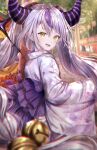 :d absurdly_long_hair absurdres bell blurry blurry_background demon_girl demon_horns fangs from_behind grey_hair highres hololive horns japanese_clothes jingle_bell kimono la+_darknesss long_hair long_sleeves looking_at_viewer looking_back multicolored_hair outdoors pointy_ears print_kimono purple_hair sash sidelocks sleeves_past_wrists smile star_(symbol) streaked_hair striped_horns summer_festival teeth twintails two-tone_hair two_side_up ukiukikiwi2525 very_long_hair virtual_youtuber wide_sleeves yellow_eyes yukata 