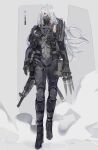  1girl absurdres ak-15 ak-15_(girls&#039;_frontline) alternate_costume body_armor buckle color_guide defy_(girls&#039;_frontline) detached_sleeves full_body girls_frontline gun gun_on_back half_mask highres holding holding_knife kalashnikov_rifle knife long_hair looking_at_viewer mask mod3_(girls&#039;_frontline) nslacka official_alternate_costume pouch rifle sheath sheathed simple_background solo tactical_clothes throwing_knife violet_eyes weapon weapon_on_back white_hair 