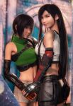  2girls absurdres armor armpits artist_name back bangs bare_shoulders black_gloves black_hair black_skirt blender_(medium) blurry blurry_background blurry_foreground breasts brown_eyes brown_shorts cowboy_shot crop_top cropped_sweater depth_of_field earrings elbow_gloves english_commentary facing_another final_fantasy final_fantasy_vii final_fantasy_vii_remake fingerless_gloves forehead_protector gloves green_sweater hair_between_eyes headband highres holding_hands jewelry large_breasts light_smile lips long_hair looking_at_another looking_at_viewer looking_back low-tied_long_hair midriff miniskirt multiple_girls orange_gloves outdoors parted_bangs pauldrons red_eyes red_gloves shirt short_shorts shorts shoulder_armor single_pauldron skirt sleeveless sleeveless_sweater sleeveless_turtleneck sreliata stone_wall suspenders sweater taut_clothes taut_shirt tifa_lockhart turtleneck turtleneck_sweater twitter_username two-tone_gloves upturned_eyes very_long_hair wall white_shirt yuffie_kisaragi yuri 
