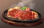  brown_background commentary_request food food_focus food_request gradient gradient_background gunjima_souichirou no_humans original sizzler_plate steak steam still_life 