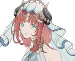  1girl bangs bare_shoulders blue_eyes brooch genshin_impact hair_ornament head_tilt jewelry long_hair looking_at_viewer neck_ring nilou_(genshin_impact) parted_bangs redhead simple_background smile solo veil waku-mika white_background 
