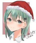  1girl blush brown_background closed_mouth green_eyes green_hair hachino_mugi hair_between_eyes hair_ornament hairclip hat highres kantai_collection long_hair looking_at_viewer pom_pom_(clothes) portrait red_headwear santa_hat smile solo suzuya_(kancolle) two-tone_background white_background 