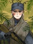  1girl black_gloves blonde_hair blood blood_on_face blue_headwear blue_jacket brown_cloak cloak espedraws finnish_army gloves gun hat holding holding_gun holding_weapon injury jacket military military_hat military_jacket military_uniform original rifle solo uniform upper_body weapon 