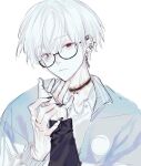  1boy alternate_costume bishounen black_choker bruise choker ear_piercing expressionless glasses grateful_shell_collector grey_hair hand_on_another&#039;s_chin highres injury jewelry looking_at_viewer male_focus piercing red_eyes short_hair sketch sky:_children_of_the_light white_hair xiao352884 