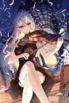 1girl black_dress bow_(music) dress earrings highres holding holding_instrument instrument jewelry long_hair looking_at_viewer music necomi original playing_instrument solo violet_eyes violin white_hair 