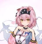  1girl animal_ears arknights black_collar black_hairband braid cat_ears cat_girl coat collar floppy_ears goldenglow_(arknights) hairband heart heart_hands highres jacket jonnodraws lightning_bolt_print looking_at_viewer multicolored_clothes multicolored_jacket pink_coat pink_hair short_hair side_braid simple_background solo two-tone_jacket white_background yellow_eyes 