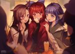  5girls alcohol animal_ears bangs banned_artist beer blue_hair blunt_bangs blurry blurry_background blurry_foreground bow brown_hair cape depth_of_field dress drill_hair efxc frills green_kimono hair_bow head_fins imaizumi_kagerou japanese_clothes jewelry kimono long_hair long_sleeves mermaid monster_girl multiple_girls redhead sash sekibanki short_hair touhou wakasagihime wide_sleeves wolf_ears 