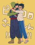  1girl 2boys ^_^ ^o^ antennae bald black_hair blue_pants blush_stickers child closed_eyes colored_skin dougi dragon_ball dragon_ball_super dragon_ball_super_super_hero father_and_daughter female_child full_body glasses green_skin happy highres hug j_ooey multiple_boys open_mouth pan_(dragon_ball) pants piccolo red_sash sandals sash shirt simple_background smile son_gohan spiky_hair standing sweatdrop white_shirt yellow_background 