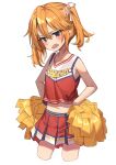  1girl absurdres armpit_crease bangs black_eyes blush breasts camisole cheerleader collarbone cropped_legs frown hair_between_eyes haruyuki_(gffewuoutgblubh) highres holding holding_pom_poms idolmaster idolmaster_cinderella_girls looking_at_viewer medium_hair navel open_mouth orange_hair pleated_skirt pom_pom_(cheerleading) short_twintails simple_background skirt small_breasts solo twintails uniform white_background yuuki_haru 